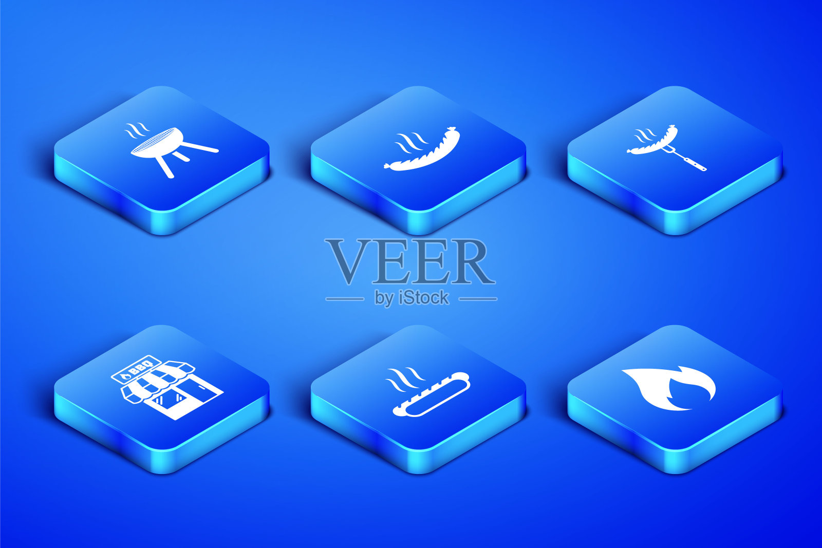 设置火焰，烧烤架，热狗三明治，购物大楼，香肠和叉子图标。向量插画图片素材