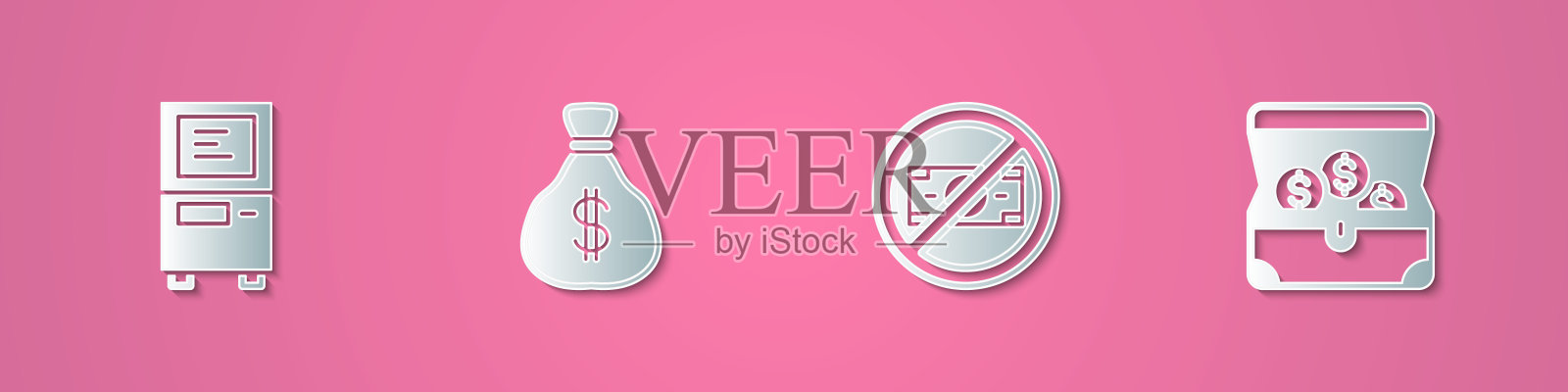 集剪纸ATM，钱袋，没有钱和宝箱图标。纸艺风格。向量插画图片素材