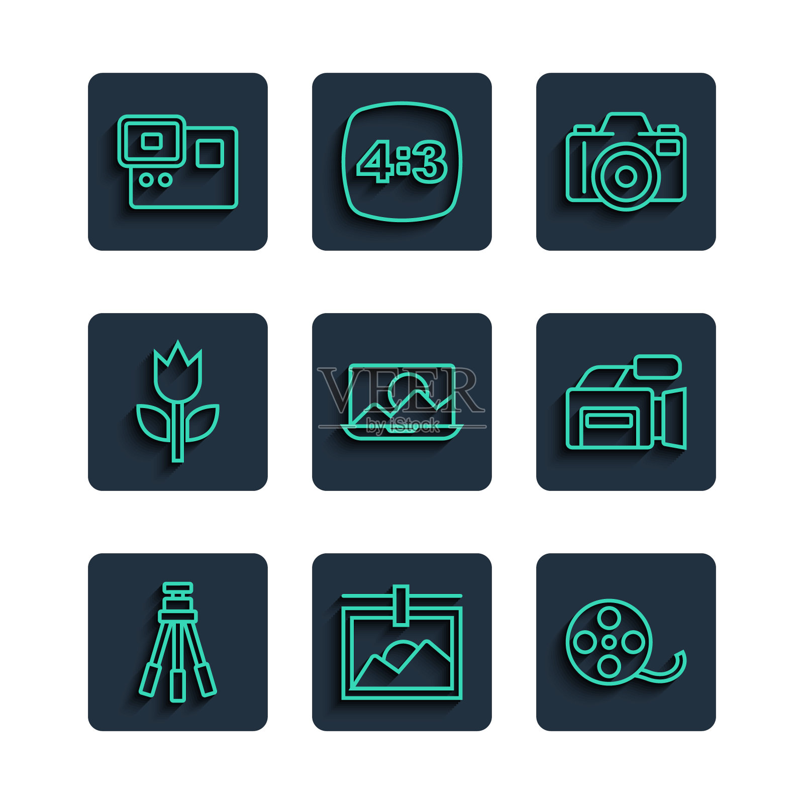 设置线三脚架，相框，电影卷轴，相机，修图，模式微距，动作极限和电影图标。向量插画图片素材