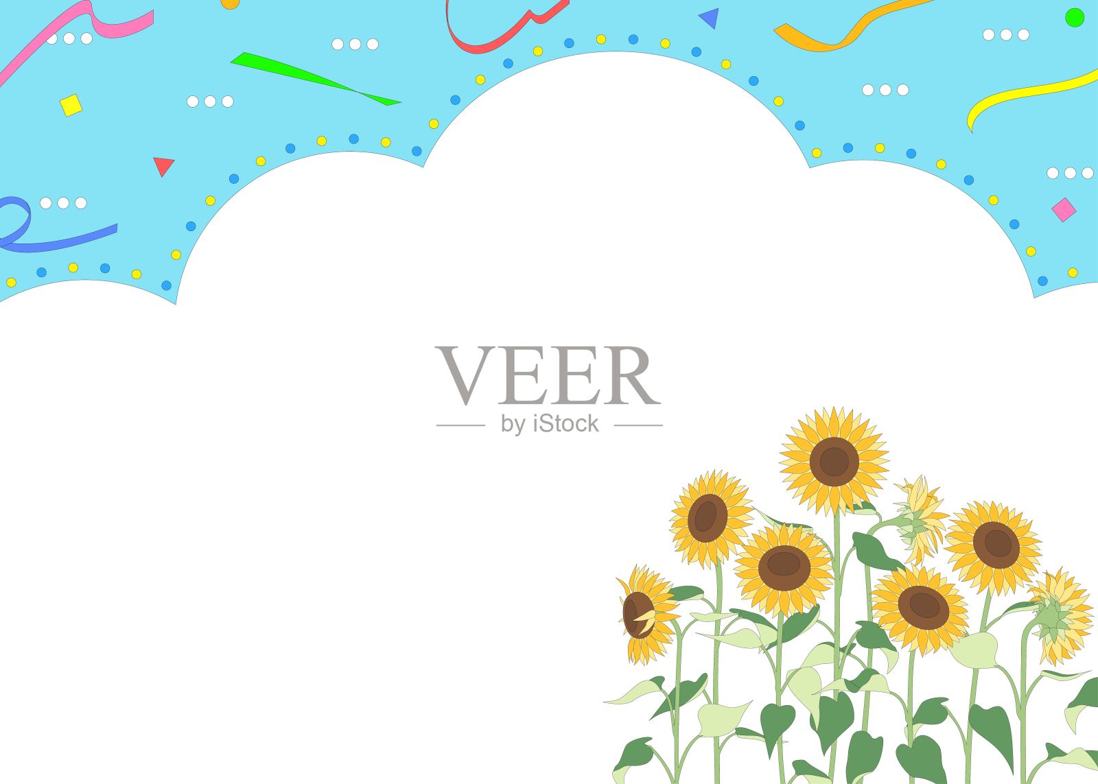 云彩和向日葵框架在蓝天，流行的背景与夏季的形象插画图片素材