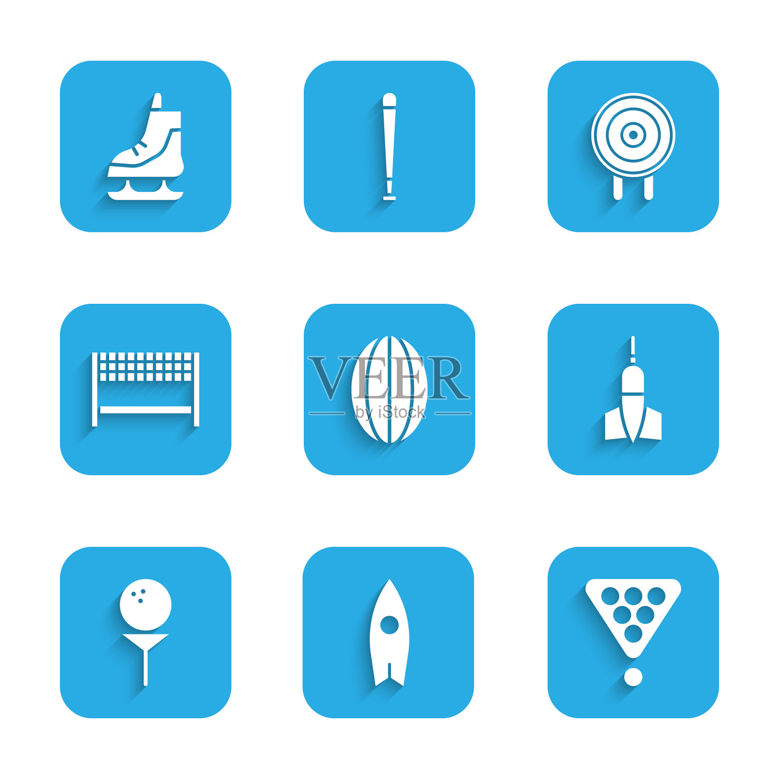 集橄榄球，冲浪板，台球在架三角形，飞镖箭头，高尔夫球在tee，缎带终点线，目标运动和溜冰鞋图标。向量插画图片素材