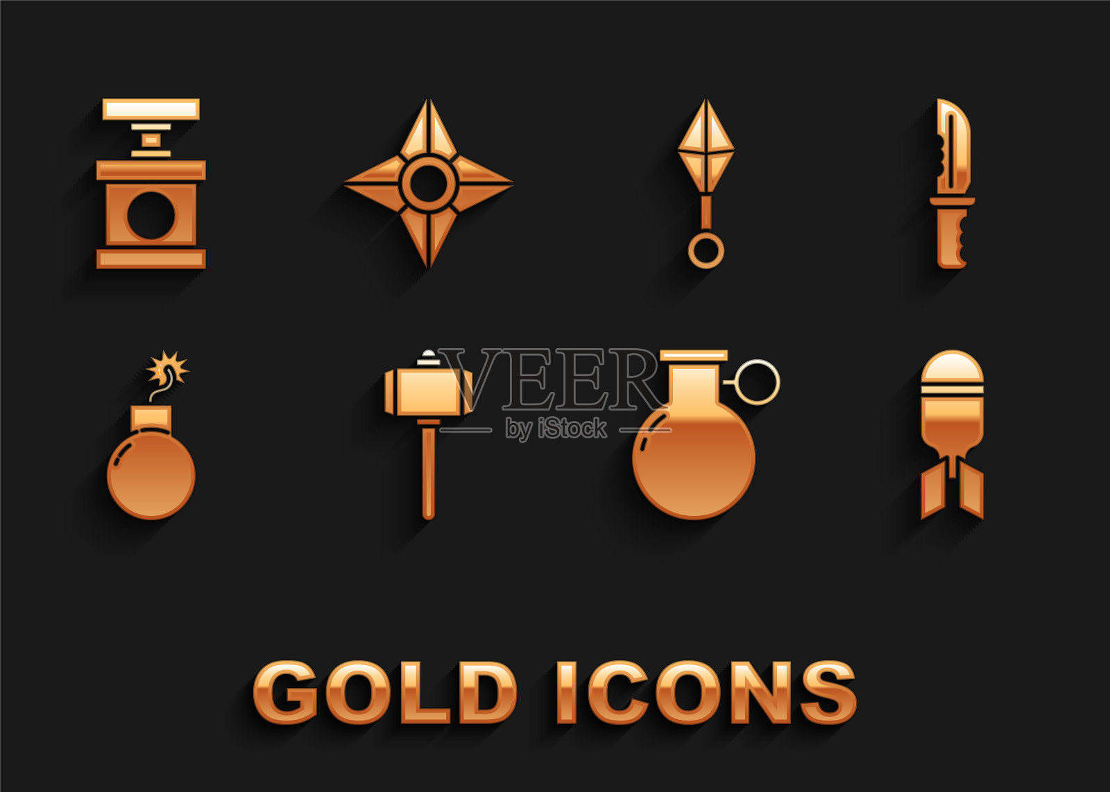 集战锤，军刀，航空炸弹，手榴弹，炸弹准备爆炸，日本忍者神剑，处理炸药和图标雷管。向量插画图片素材