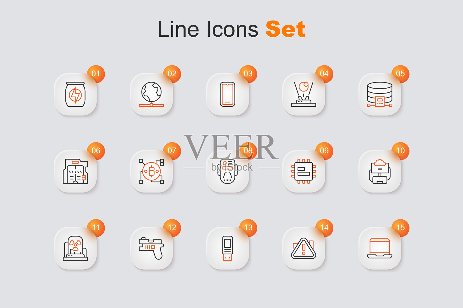 设置线笔记本电脑，三角形感叹号，USB闪存驱动器，未来武器，放射性警示灯，云数据库，处理器CPU和人工智能机器人图标。向量插画图片素材