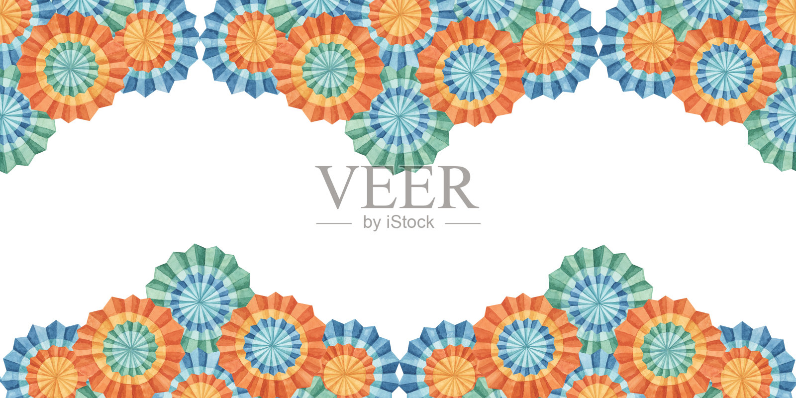 从节日花无缝边界。手绘水彩剪贴画，墨西哥纸扇为五月五日节装饰。插画图片素材