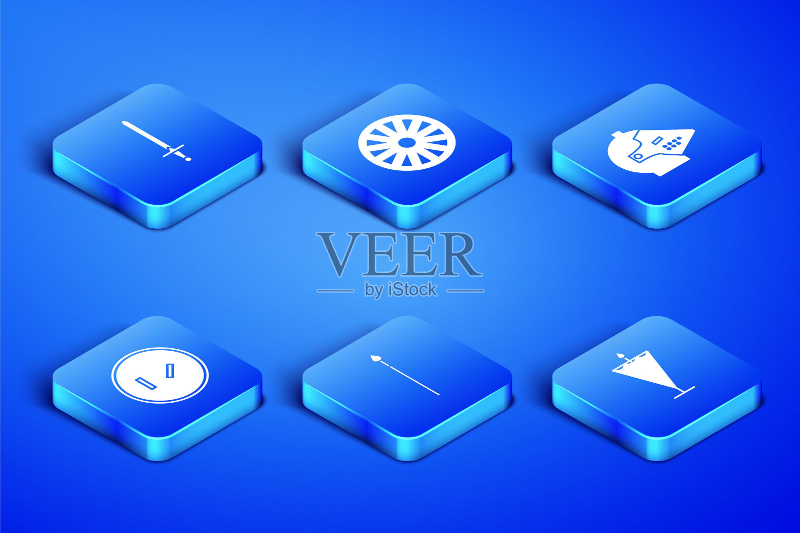 设置中世纪的旗帜，剑，矛，圆形木盾，旧车轮和铁头盔图标。向量插画图片素材