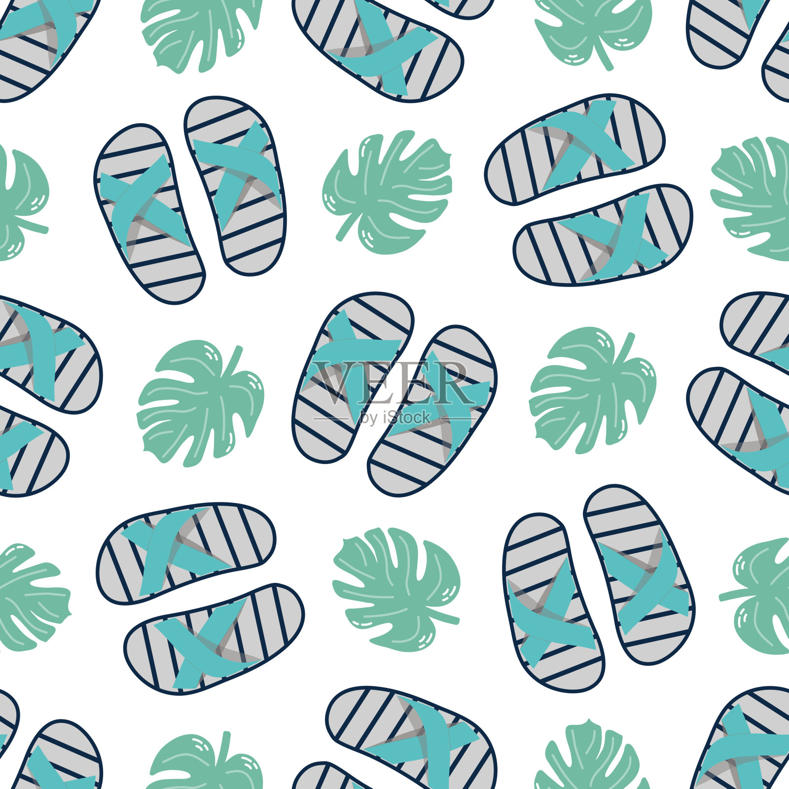 可爱的手绘人字拖和植物叶子无缝图案。平面矢量插图。涂鸦画。插画图片素材