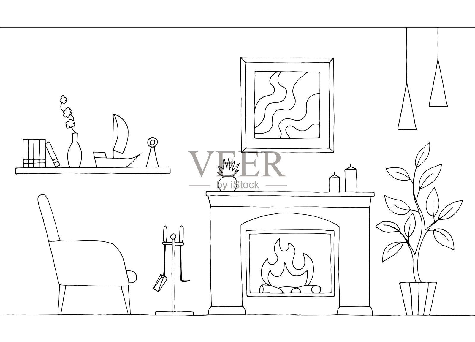 壁炉在客厅图形黑白室内素描插图矢量插画图片素材