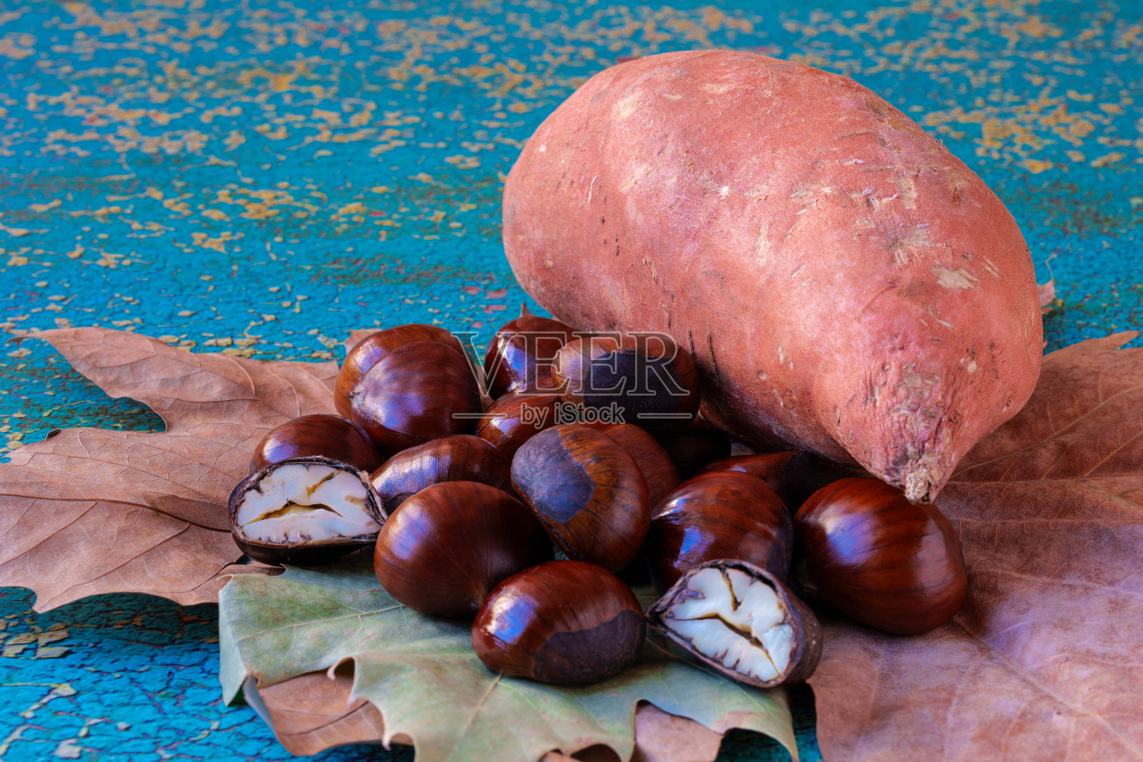干秋叶上的栗子和甘薯照片摄影图片