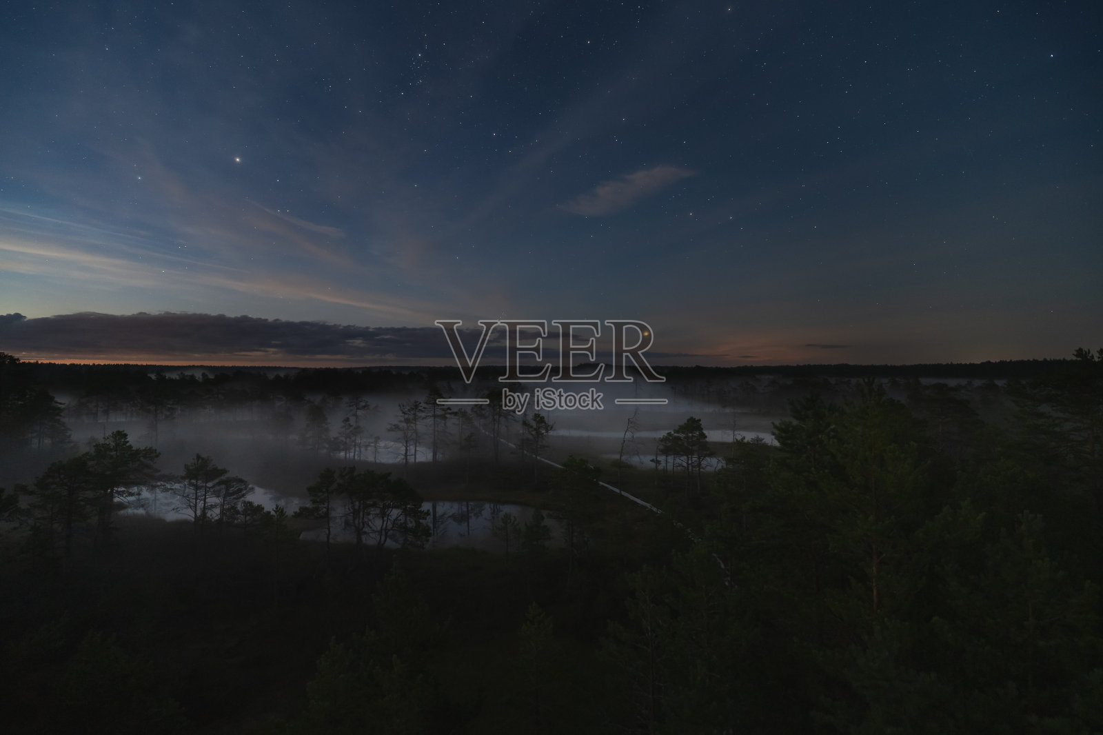 夜景，夏日黄昏星空下的维鲁沼泽。照片摄影图片