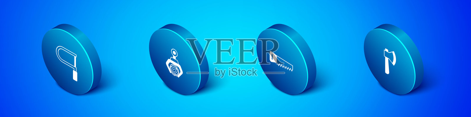 集等距钢锯，手，木斧和抓斗起重机抓原木图标。向量插画图片素材