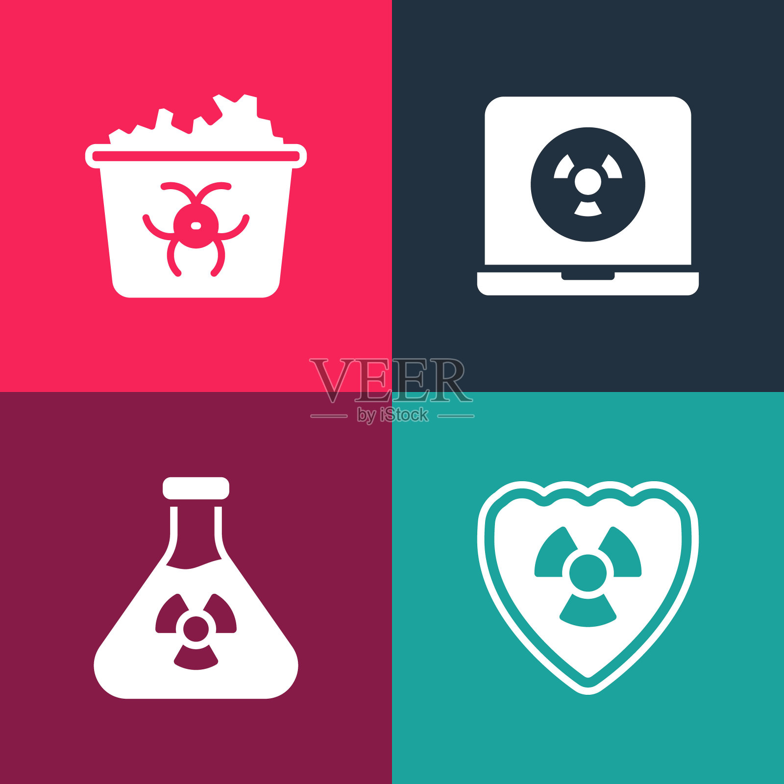 设置波普艺术放射性屏蔽，试管辐射，核笔记本电脑和传染性废物图标。向量插画图片素材