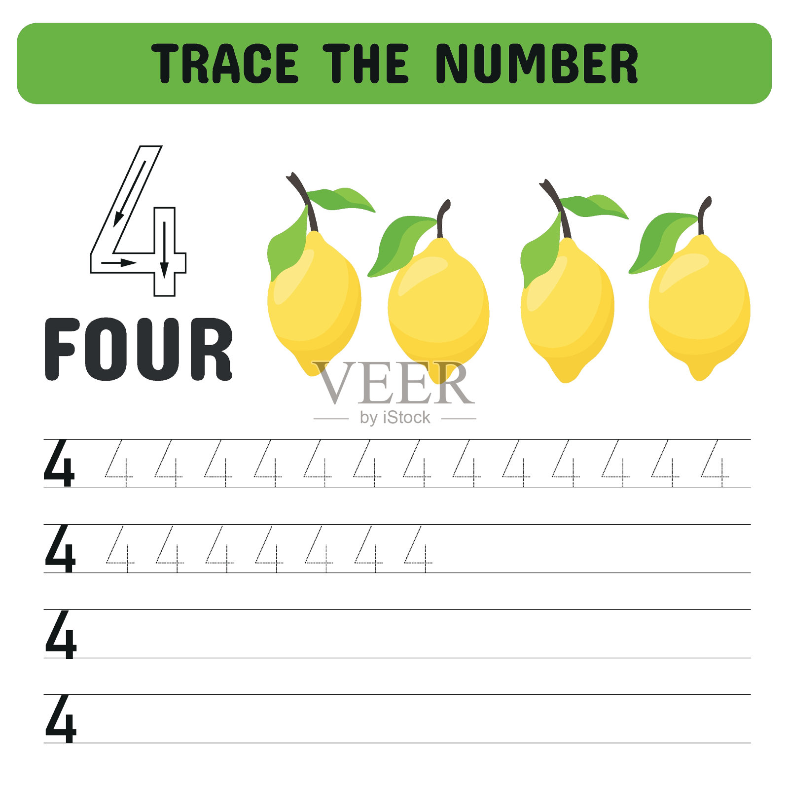 学习数字4和水果的卡片。幼儿园数字卡片，学习和书写数字。教育儿童游戏，可打印的表格。矢量图插画图片素材