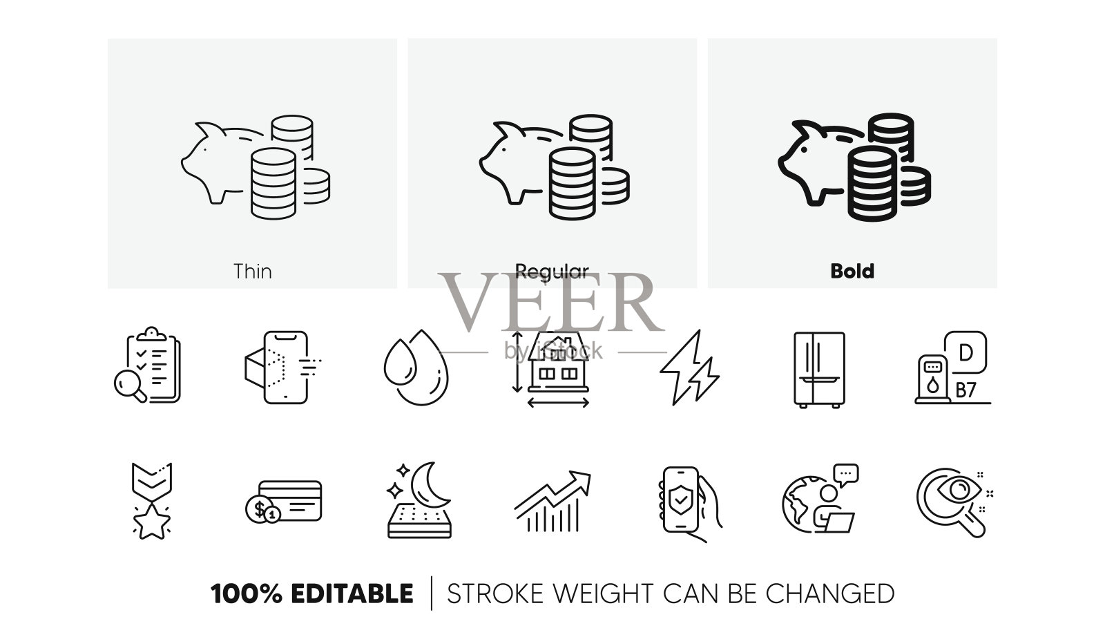 房屋尺寸，安全应用程序和储蓄罐线图标。对于web应用程序，打印。行图标。向量插画图片素材