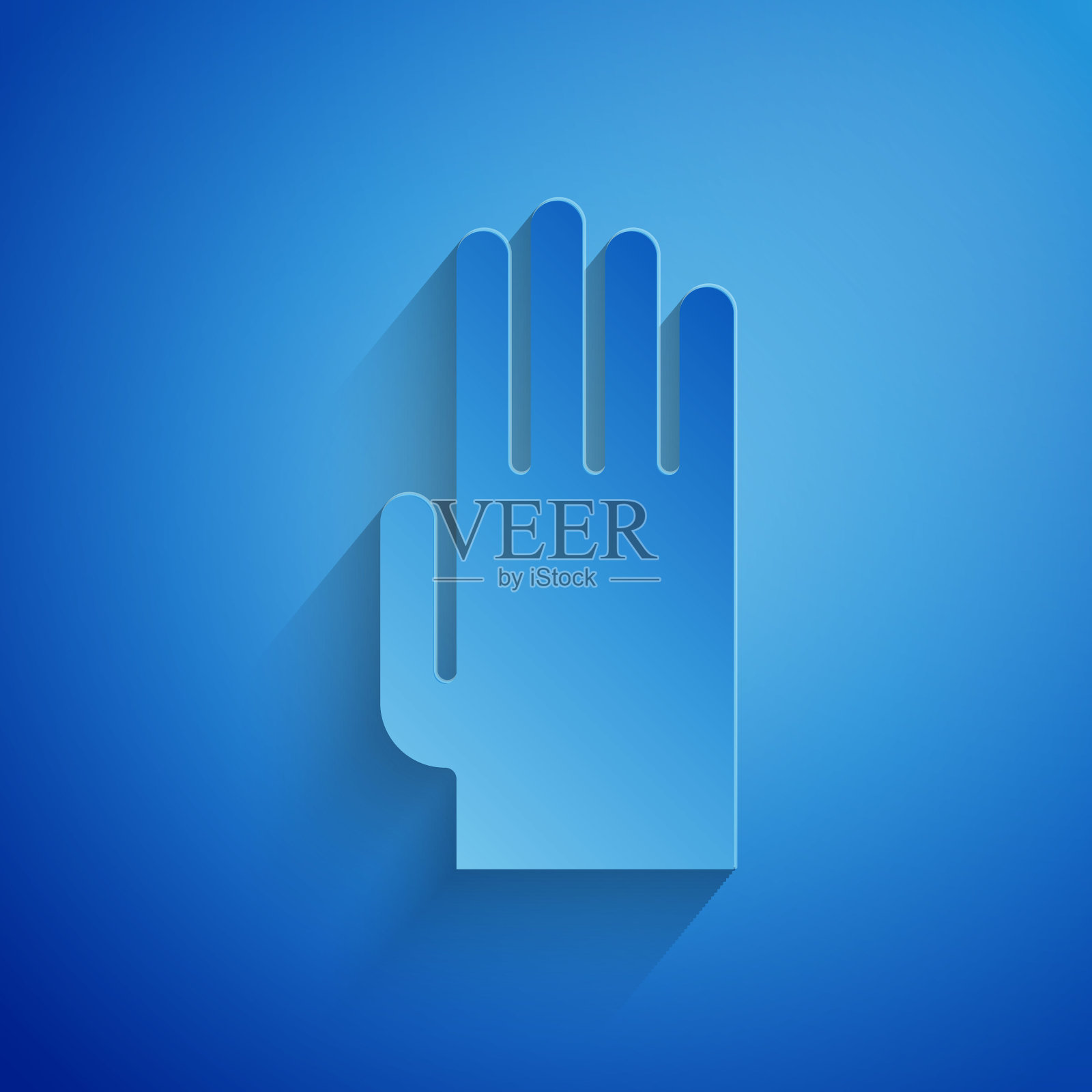 剪纸橡胶手套图标孤立的蓝色背景。乳胶护手标志。家务清洁设备标志。纸艺风格。矢量图插画图片素材