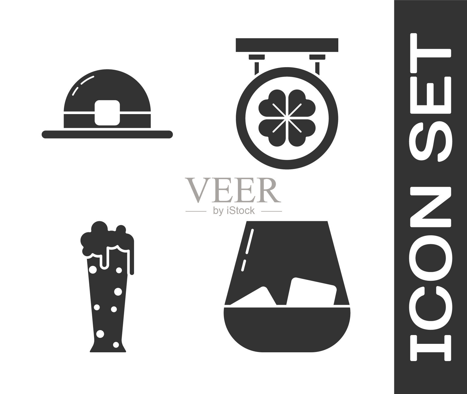 Set Glass of whiskey, leprechen hat, Glass of beer and Street sign with four leaf clover icon。向量插画图片素材