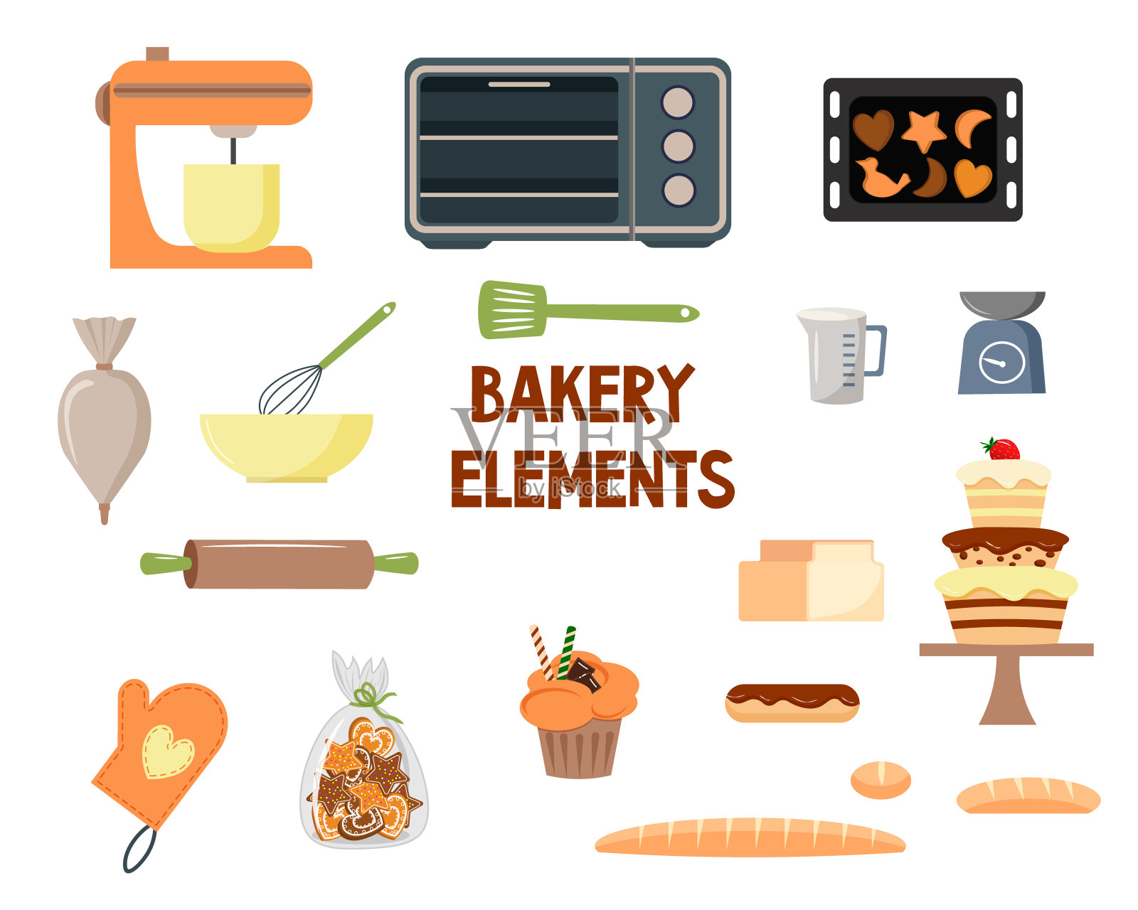 烘焙用具。准备做糕点和面包。搅拌机，烤箱，装有饼干的烤盘，擀面杖和面点袋。水壶、量杯和秤。搅匀，放入碗中。法棍面包，面包和泡芙。插画图片素材