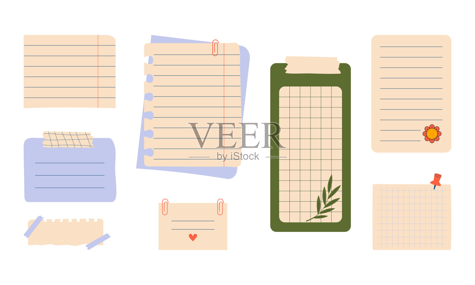 一套纸便签和撕纸隔离在白色背景。卡通风格。插画图片素材