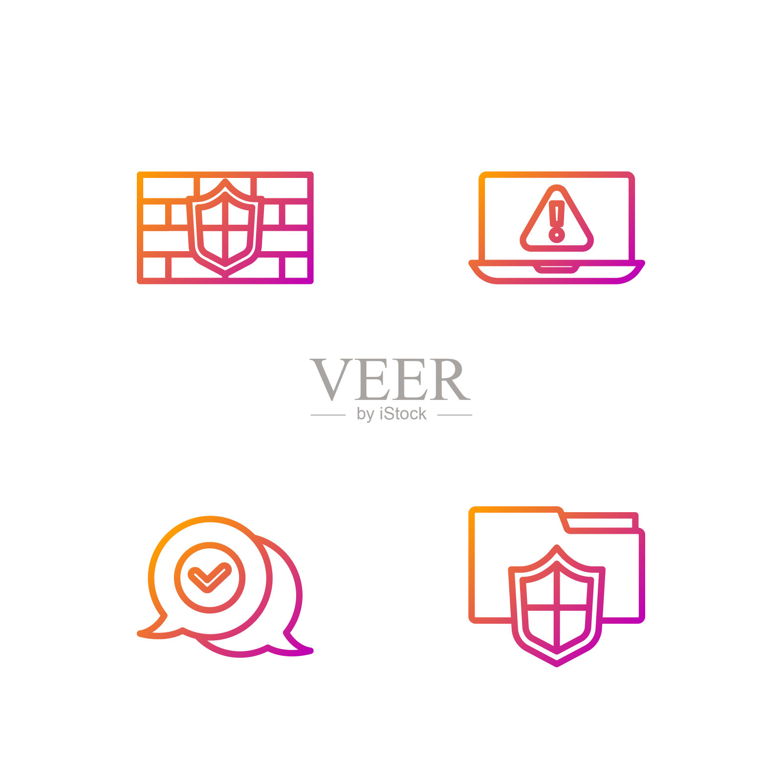 设置行文件文件夹保护，在语音气泡中勾选标记，屏蔽砖墙和笔记本电脑感叹号。渐变颜色图标。向量插画图片素材