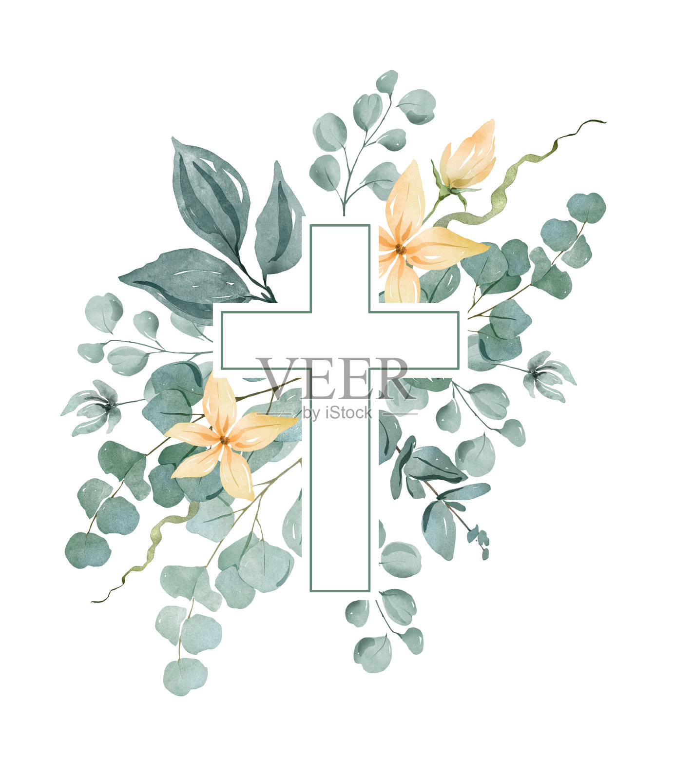 带有绿色植物和花朵的基督教十字架插画图片素材