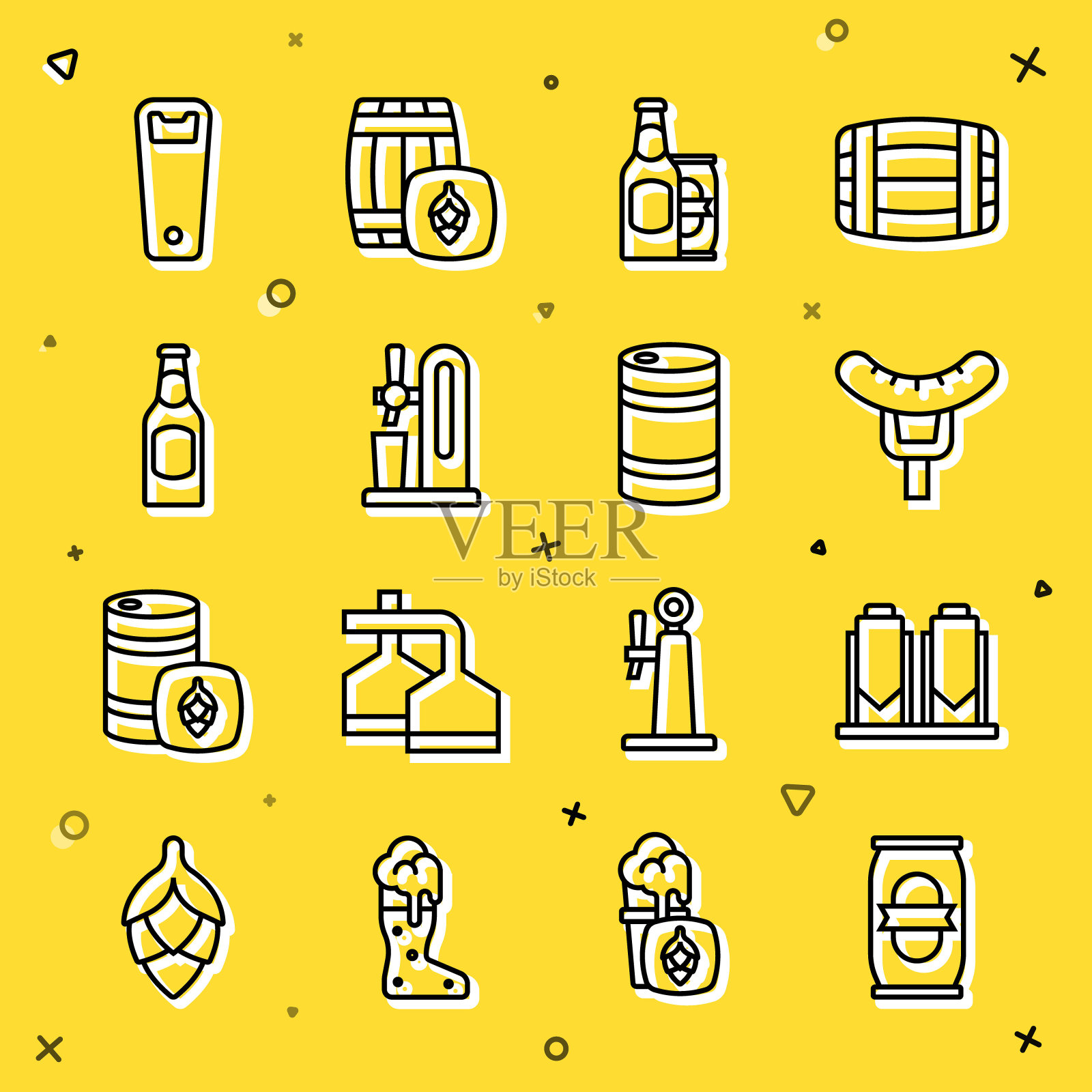 设置线啤酒罐，酿造过程，香肠上的叉子，瓶子和啤酒，水龙头与玻璃，开瓶器和金属桶图标。向量插画图片素材