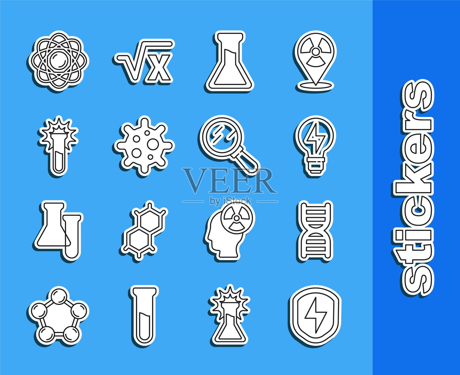 设置线安全屏蔽闪电，DNA符号，灯泡，试管和烧瓶，病毒，原子和放大镜图标。向量插画图片素材