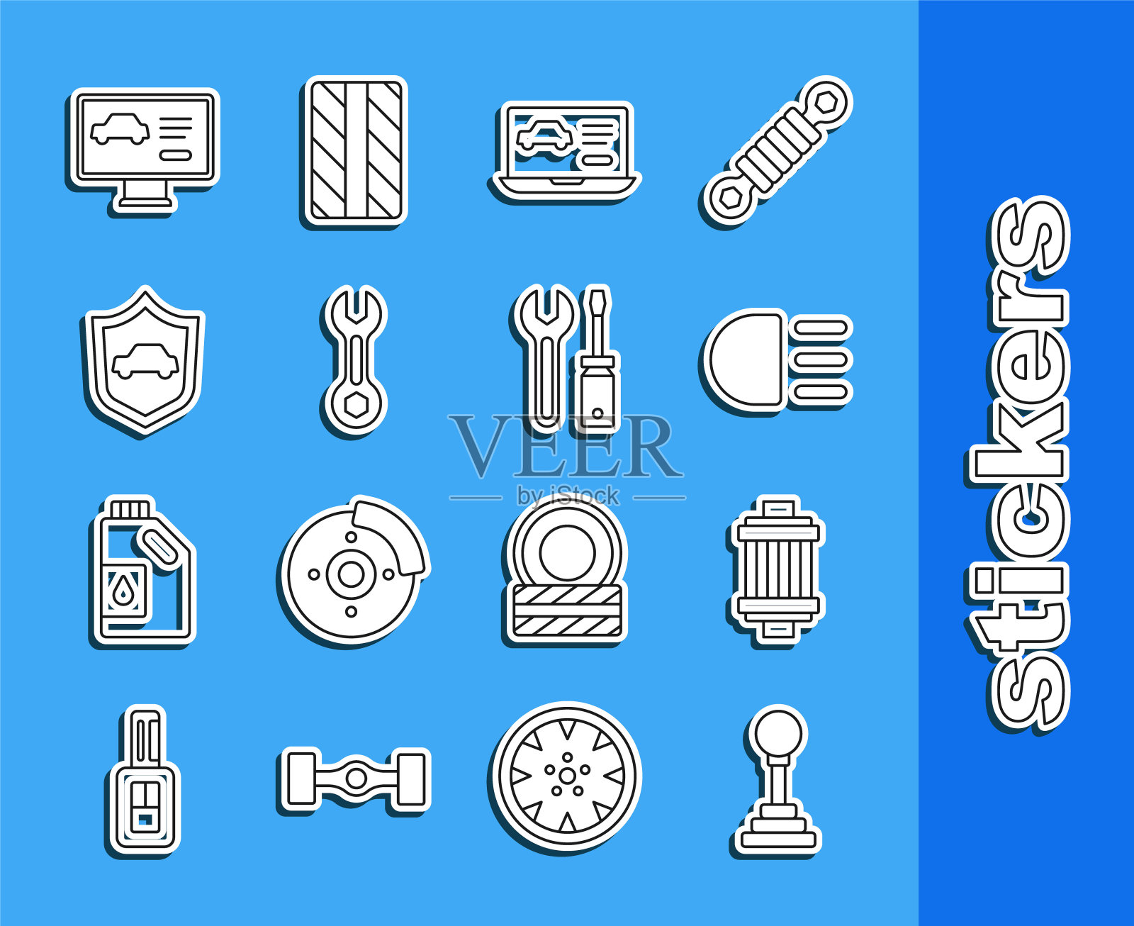 设置线变速杆，汽车空气滤清器，远光灯，汽车诊断状况，扳手扳手，带屏蔽，螺丝刀和扳手图标。向量插画图片素材