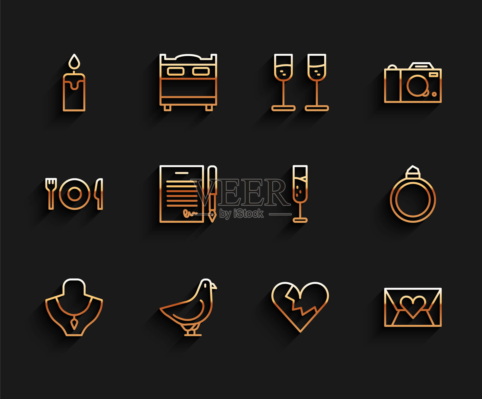 套线项链对人体模型，鸽子，燃烧的蜡烛，破碎的心或离婚，信封与情人节，婚姻合同，钻石订婚戒指和香槟图标的玻璃杯。向量插画图片素材