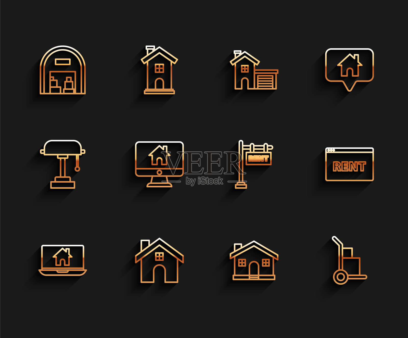 集线笔记本电脑和智能家居，房子，仓库，手推车箱，电脑显示器，悬挂标志文本在线租赁和图标。向量插画图片素材