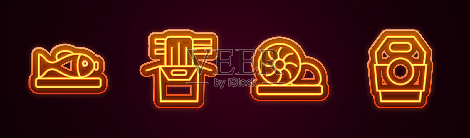 盘鱼，纸盒亚洲面，小笼包和。发光的霓虹灯图标。向量插画图片素材