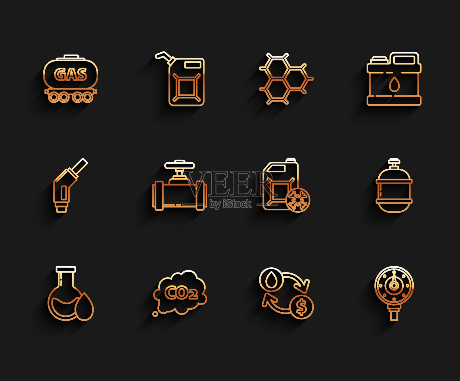 石油试管、天然气铁路罐车、兑换、水转移、发动机仪表、工业金属管道、丙烷罐和防冻罐图标插画图片素材