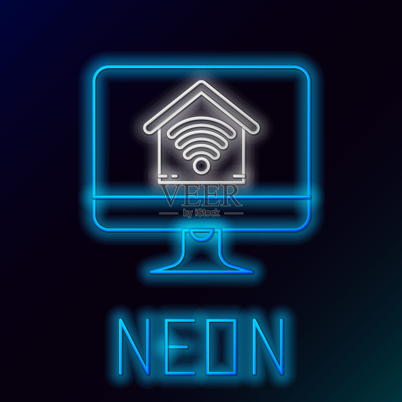 蓝色发光的霓虹灯线电脑显示器与智能家居与wi-fi图标隔离在黑色背景。远程控制。色彩缤纷的轮廓概念。矢量图插画图片素材