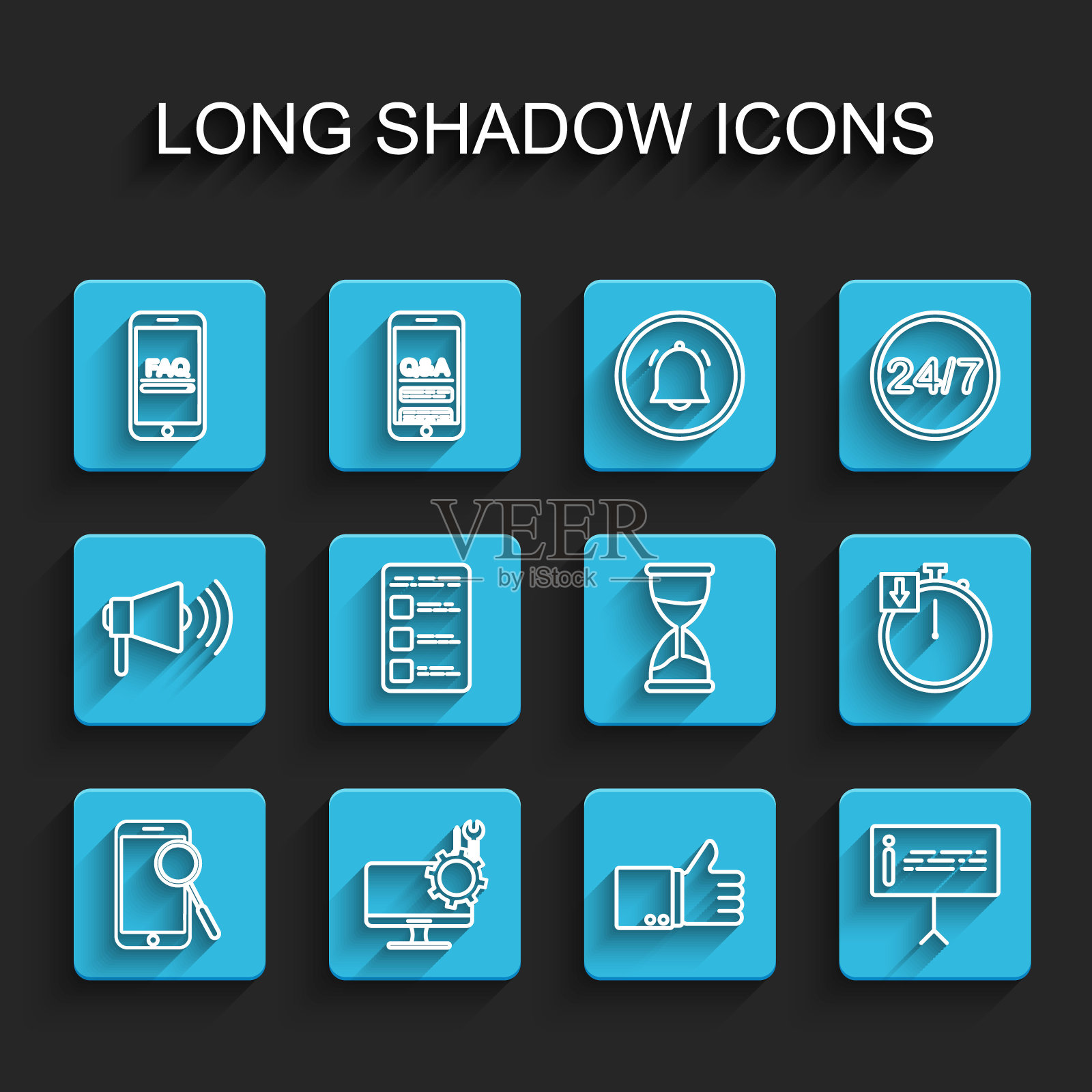 设置线手机诊断，电脑监控服务，与常见问题解答信息，手拇指向上，信息，创建帐户屏幕移动，秒表和沙漏图标。向量插画图片素材