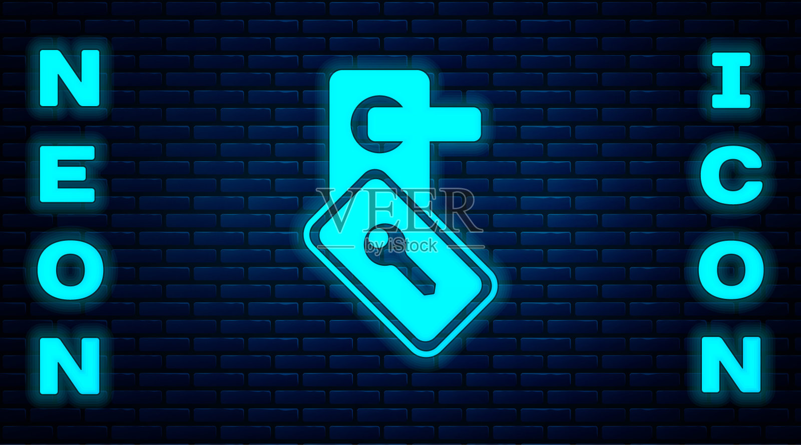 发光的霓虹灯数字门锁与无线技术解锁图标隔离在砖墙背景。门把手标志。安全智能家居。向量插画图片素材