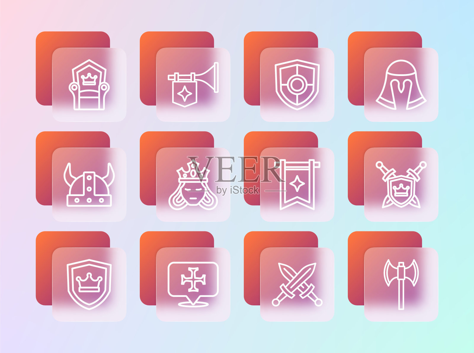 集线中世纪头盔，十字军东征，旗帜，交叉中世纪剑，公主女王，盾牌，宝座和小号与图标。向量插画图片素材