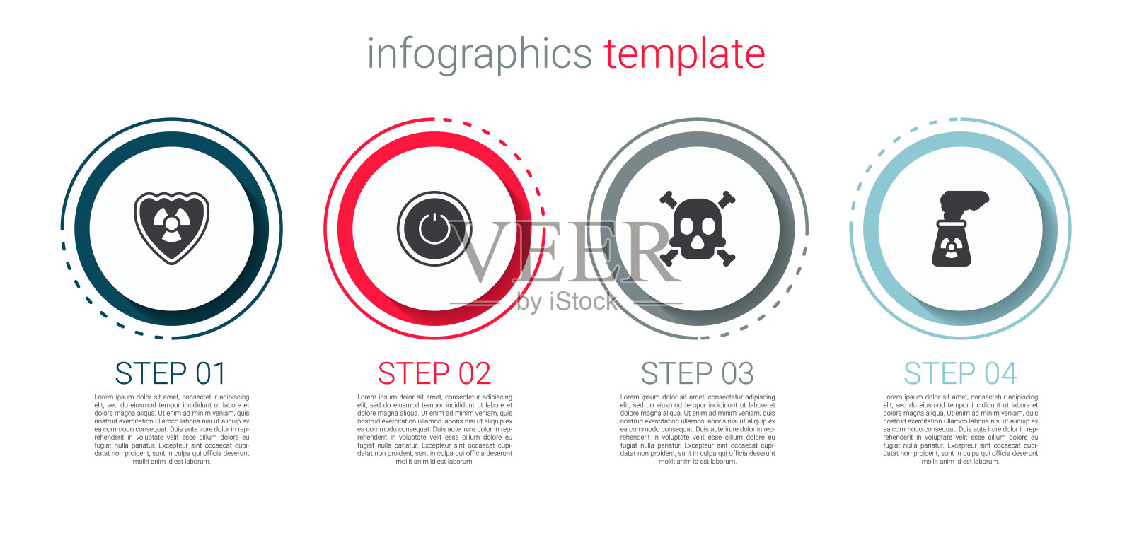 设置放射性在盾牌，电源按钮，骨头和头骨警告和核电站。业务信息图表模板。向量插画图片素材