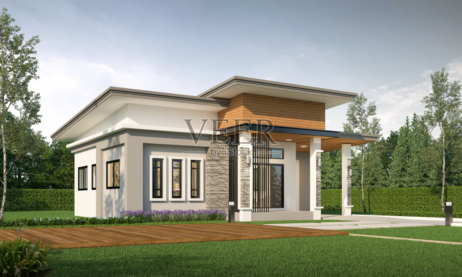 现代房屋外部日光与草坪草。三维渲染照片摄影图片