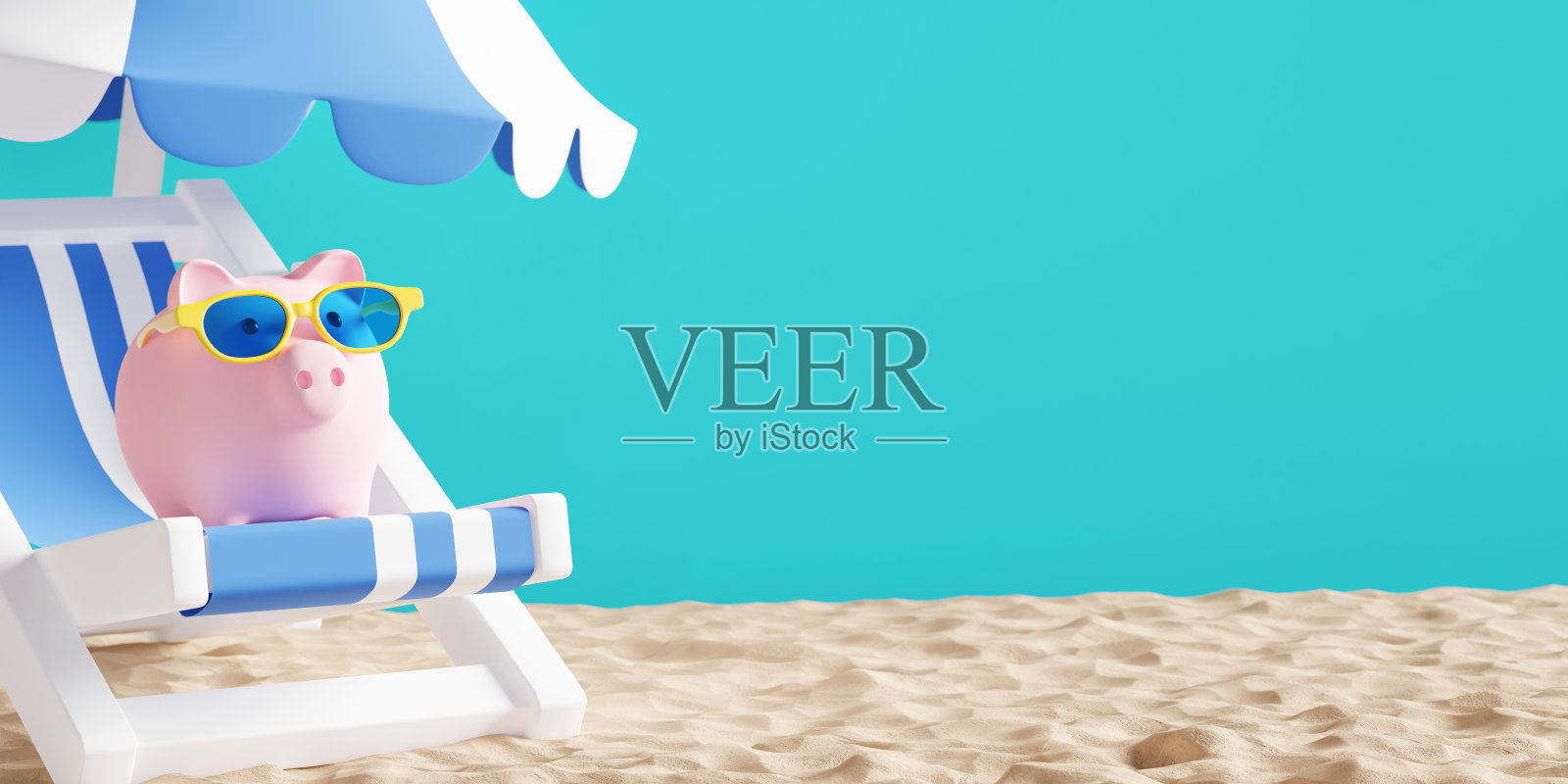 省钱的度假设计在沙滩椅上的扑满热带夏季3D渲染照片摄影图片