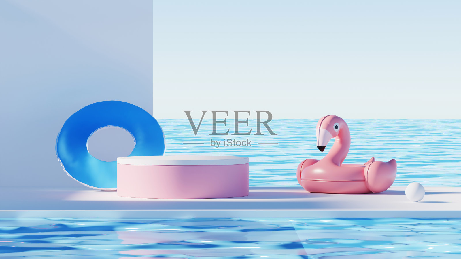 3D渲染，最小的夏季背景与空的讲台或基座平台展示产品，化妆场景模拟，海滩游泳元素装饰。照片摄影图片