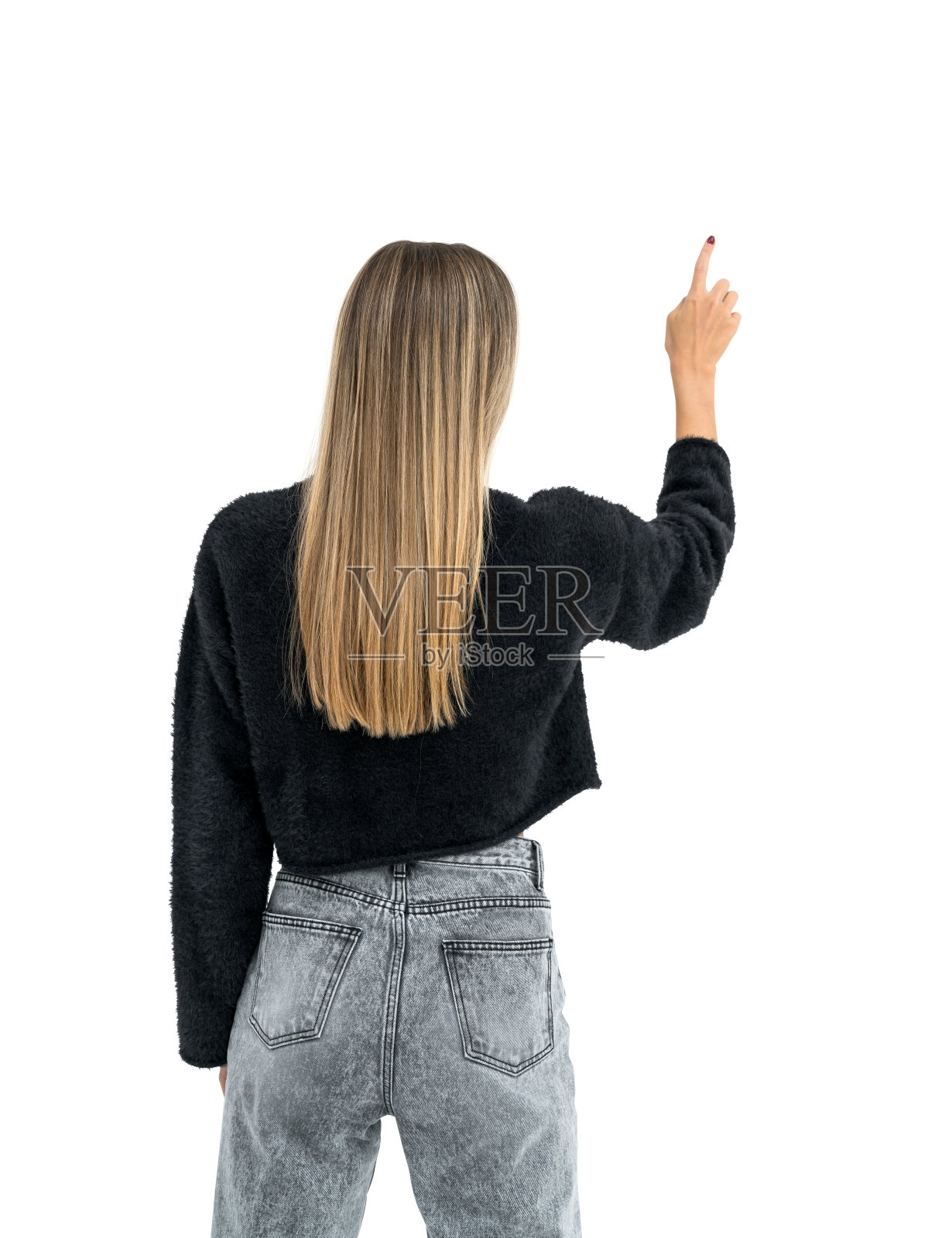 年轻女子的手指触摸空白孤立的背景照片摄影图片