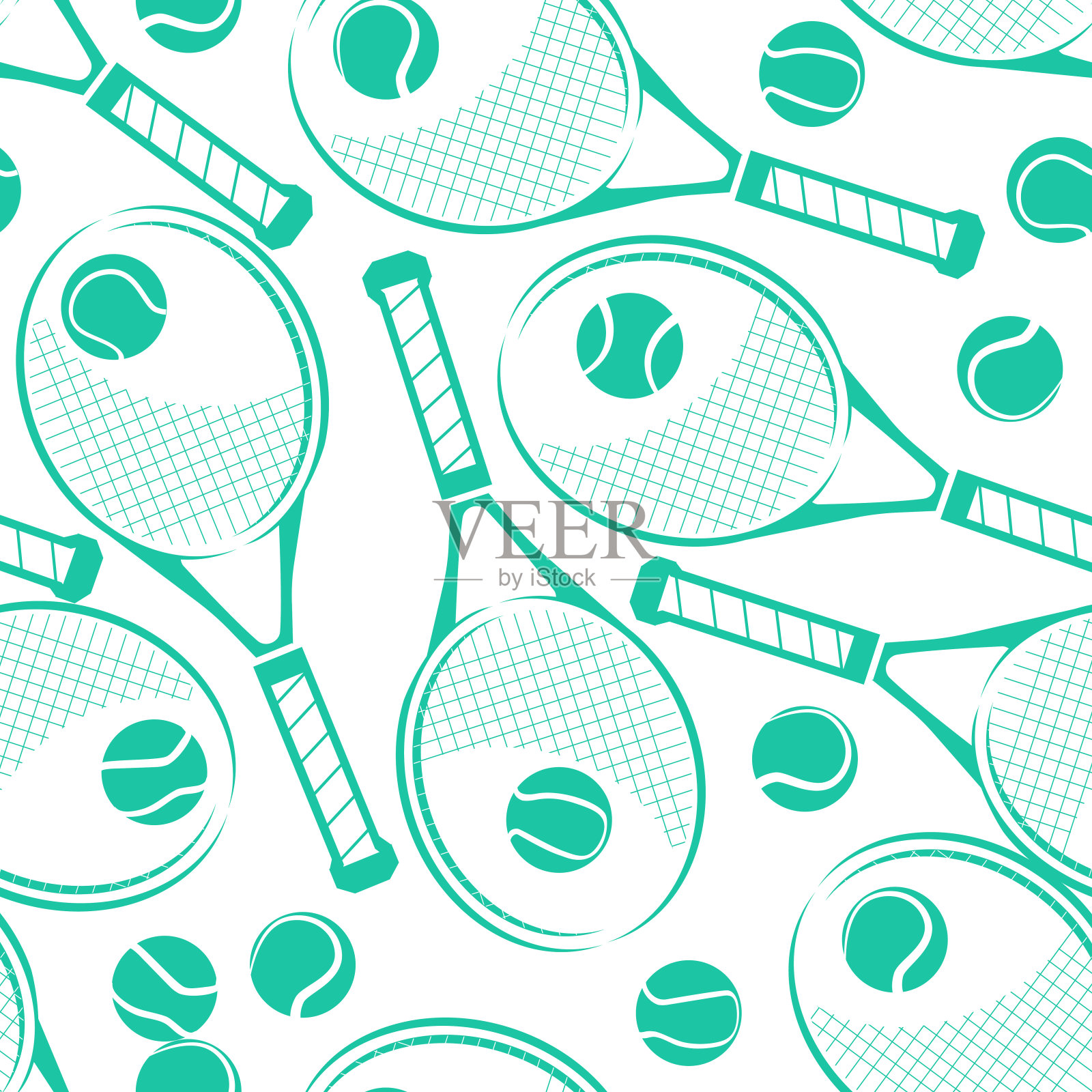 运动和胜利的理念在平面风格。网球拍和网球的背景是白色的。时尚的矢量无缝模式的体育比赛。插画图片素材