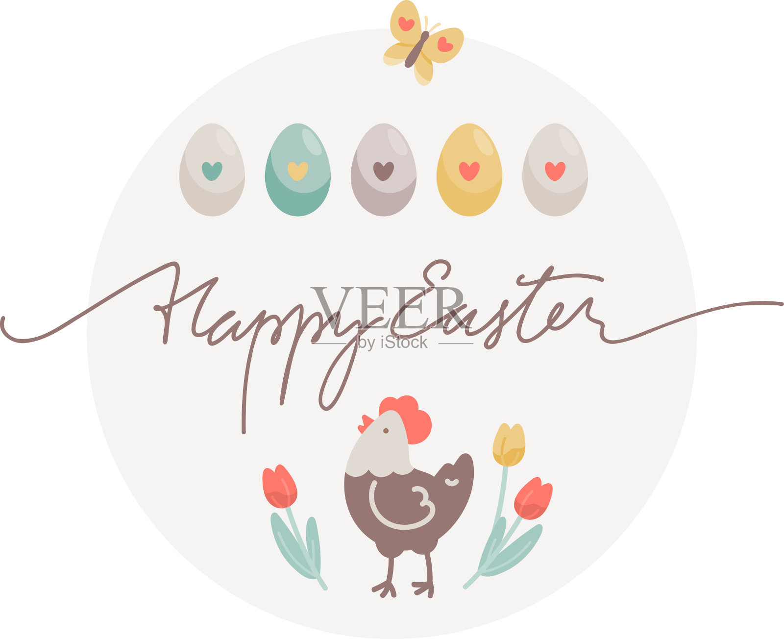 复活节贺卡快乐。字，蛋，鸡，心插画图片素材