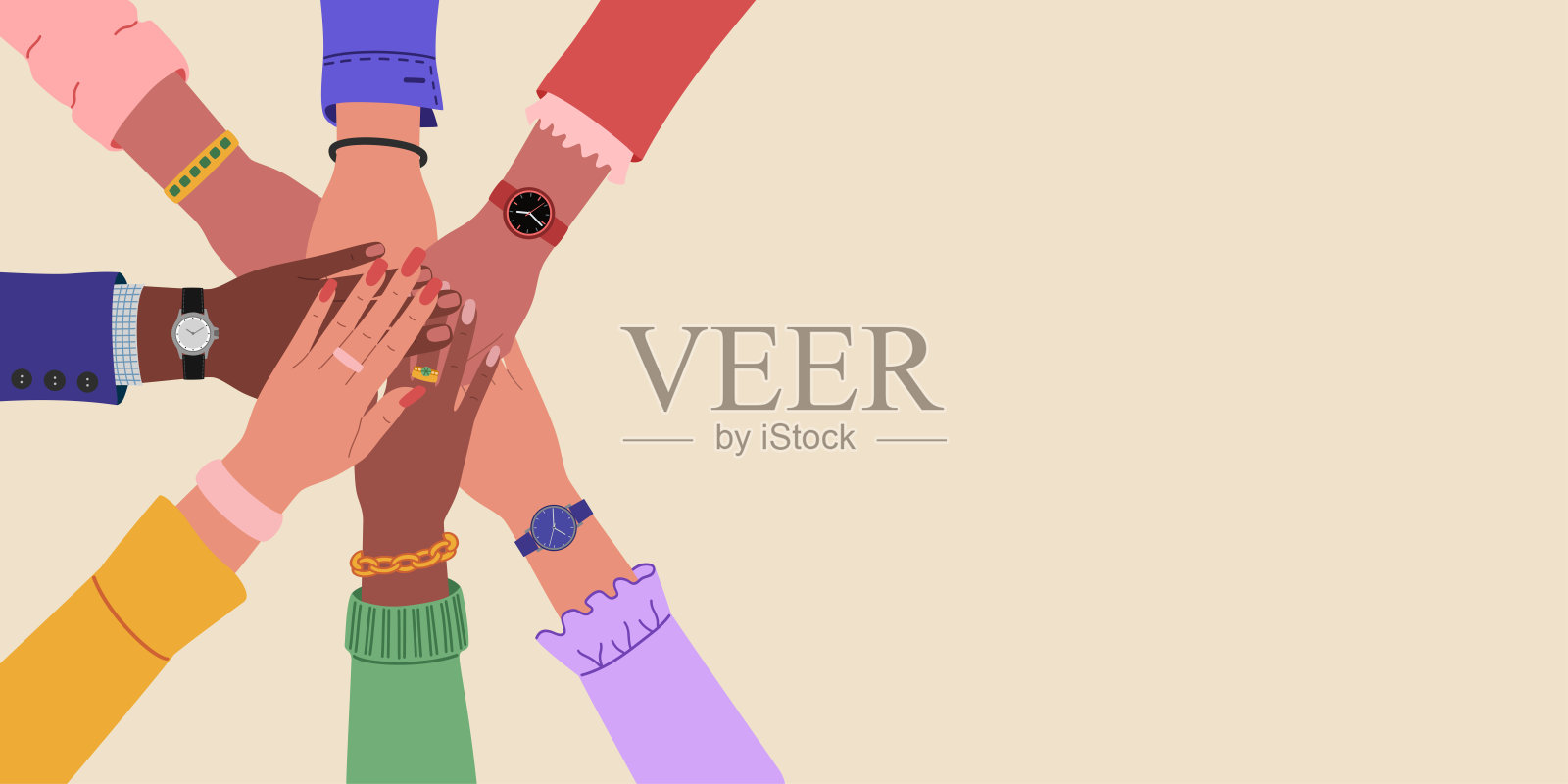 不同的多种族的手放在一起。团队合作，社会运动，伙伴关系，合作的概念。插画图片素材