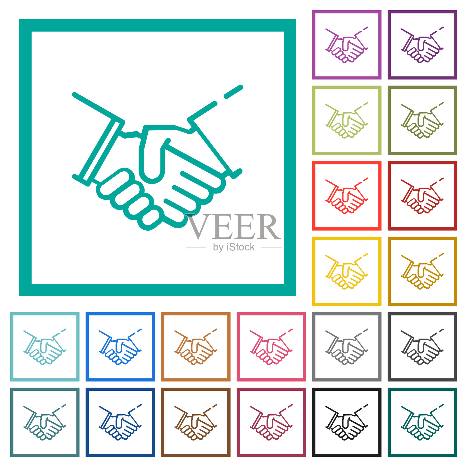 握手轮廓平面彩色图标与象限框架插画图片素材