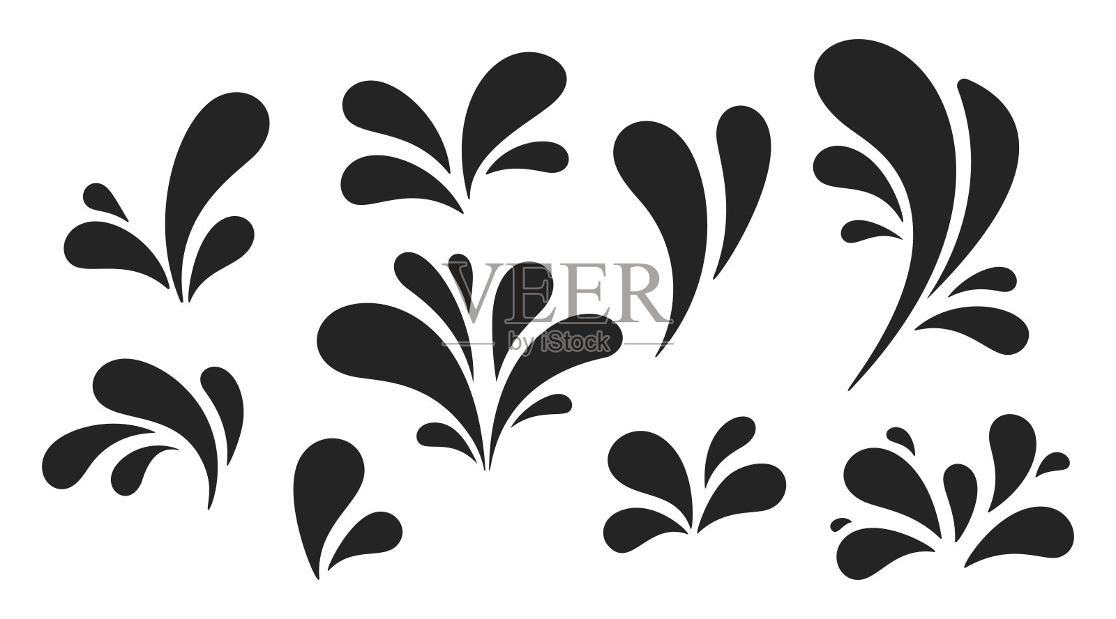 黑色水滴的剪影。水滴形状，液体爆裂飞溅，墨水斑点与滴元素集插画图片素材