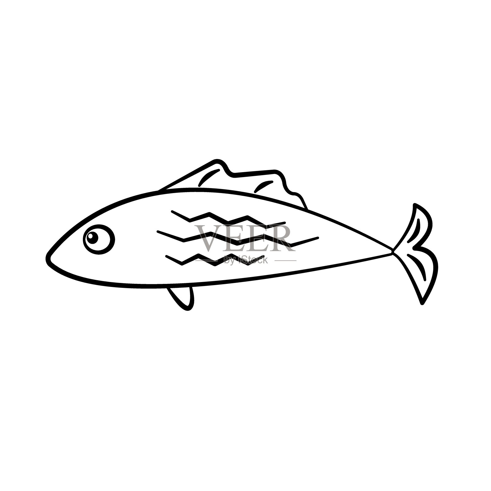 鱼的轮廓轮廓绘制孤立的切出黑白矢量剪贴画插图。水下涂鸦线条艺术设计元素。自然海洋生物象形图，标志或图标。插画图片素材