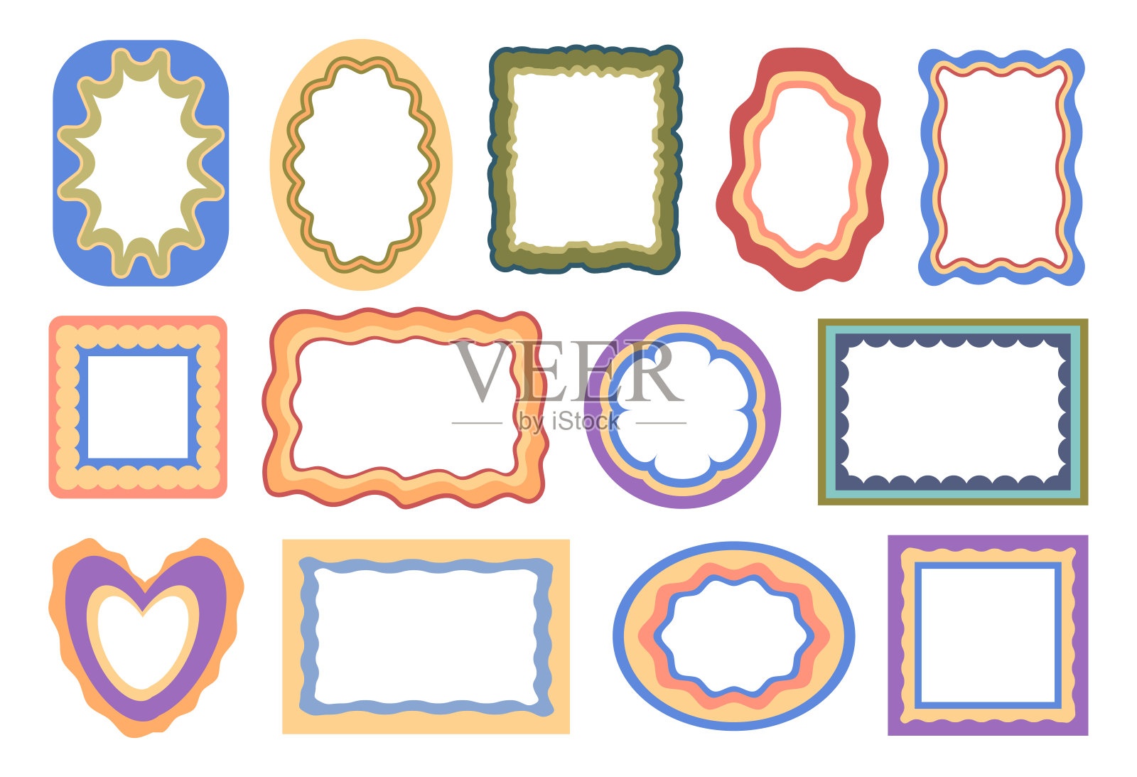 涂鸦彩色框架与波浪边界和装饰元素。矢量孤立的正方形形状和圆形，椭圆形和矩形。图片或相册设计的空白模板插画图片素材