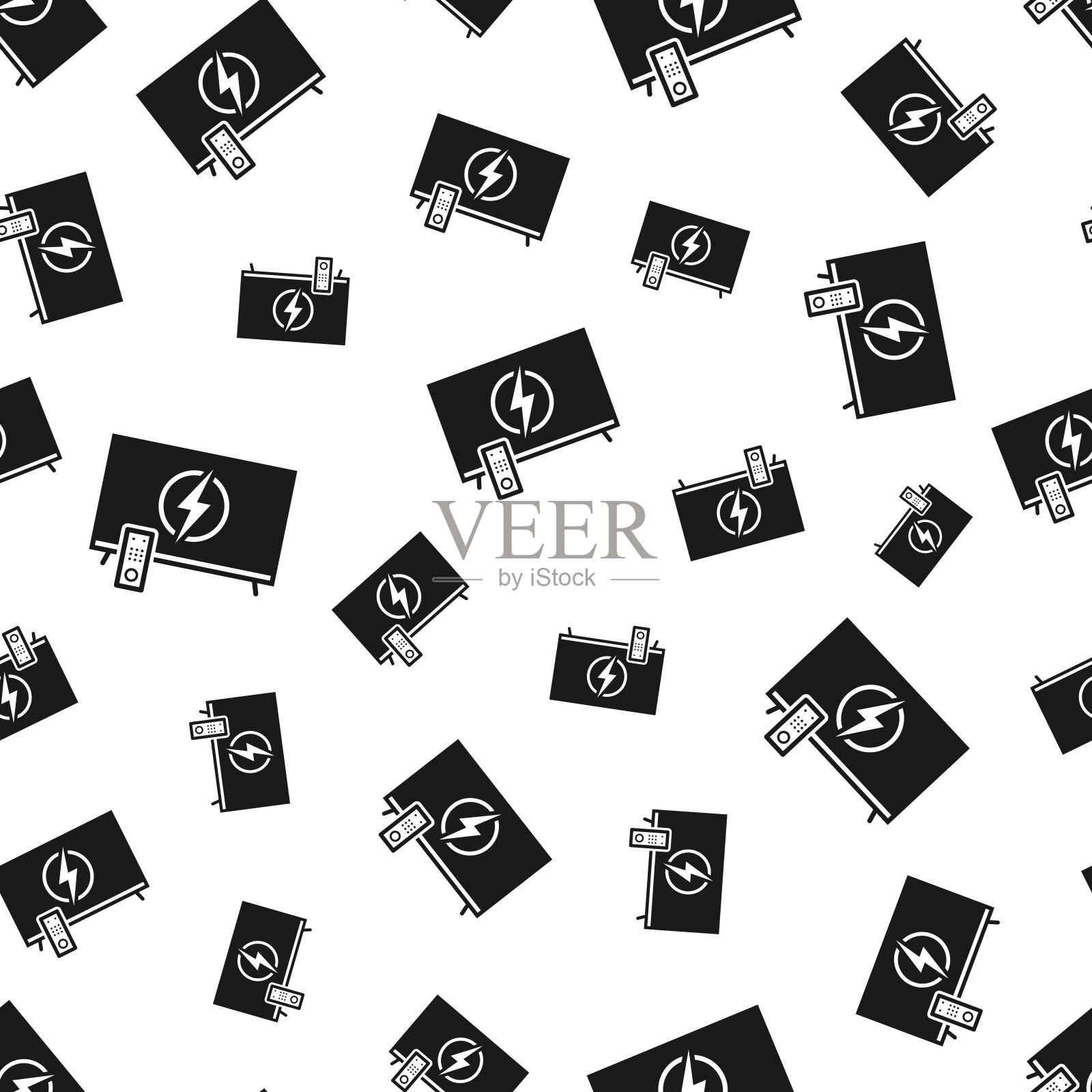 带有电符号的电视。无缝模式。白色背景的图标插画图片素材