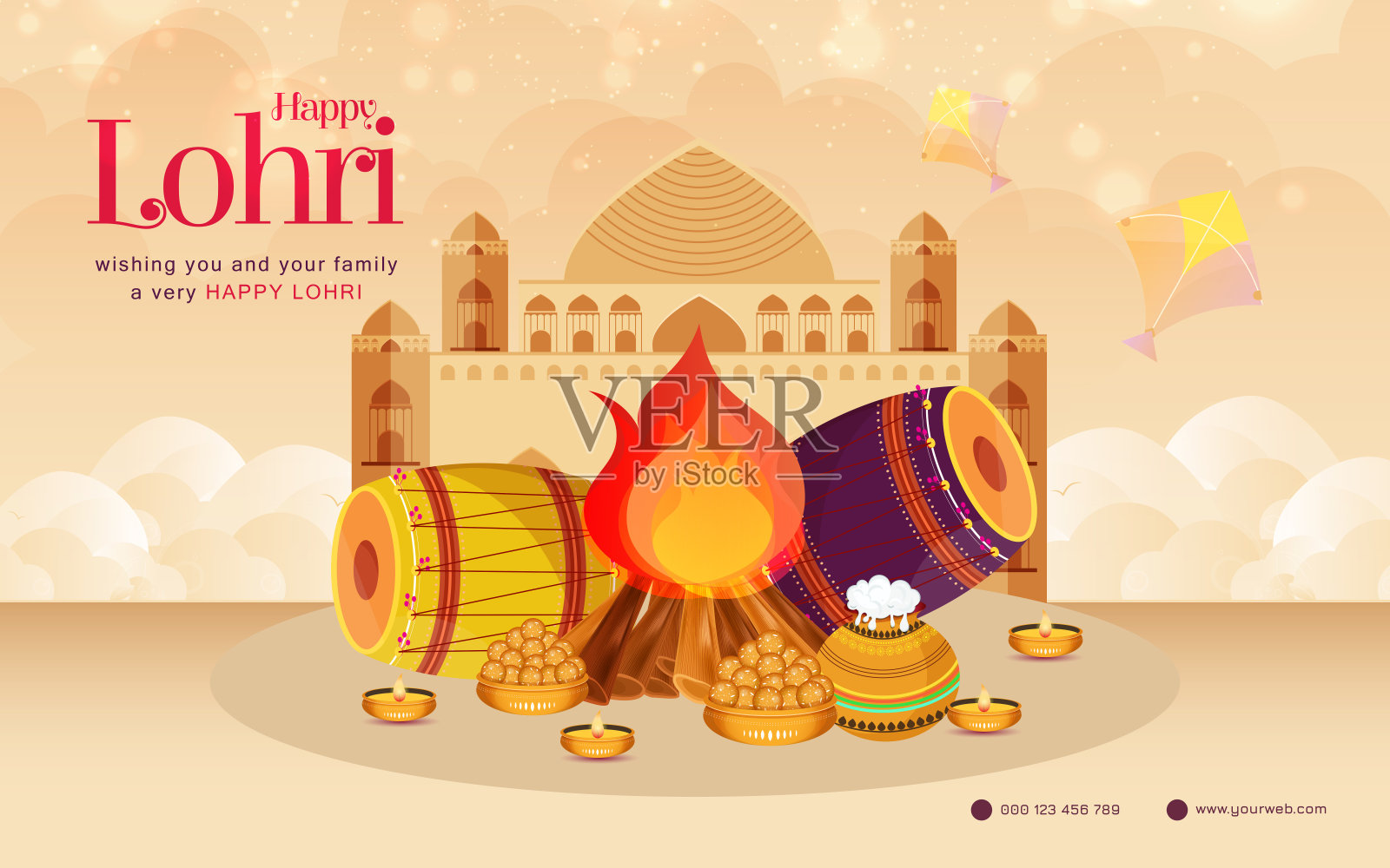 快乐的Lohri矢量插图Vaisakhi旁遮普锡克教庆祝春收节插画图片素材