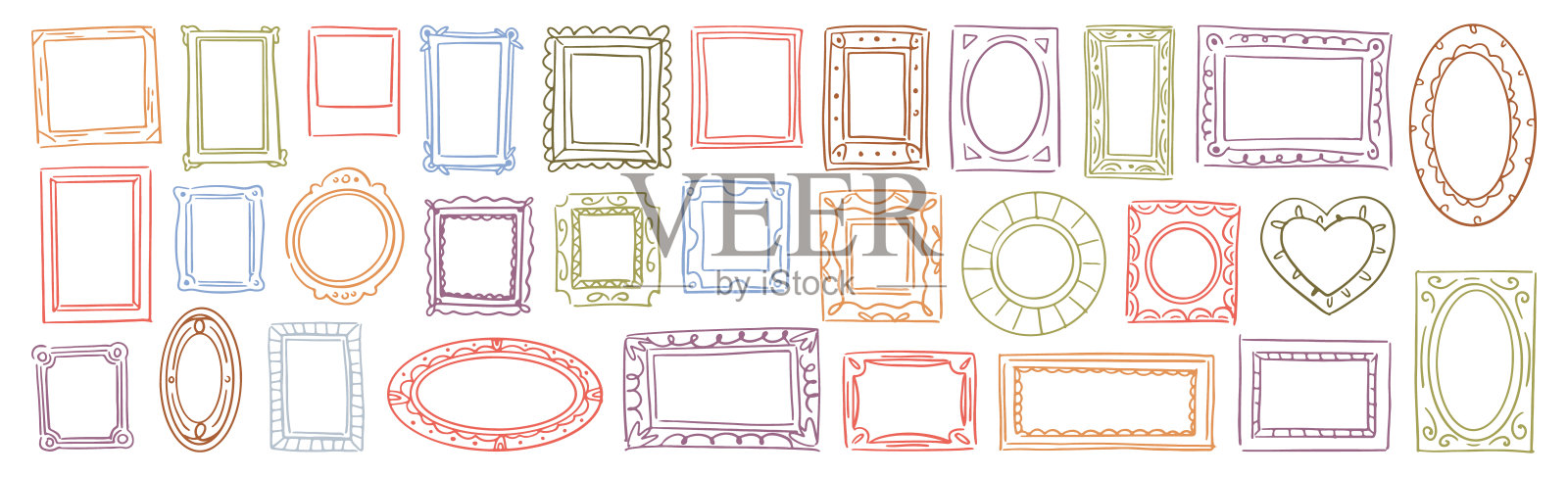 涂鸦画或相框的几何形状。矢量孤立的正方形和心形，矩形和圆形边界与空的复制空间。一套艺术横幅或社交媒体亮点插画图片素材