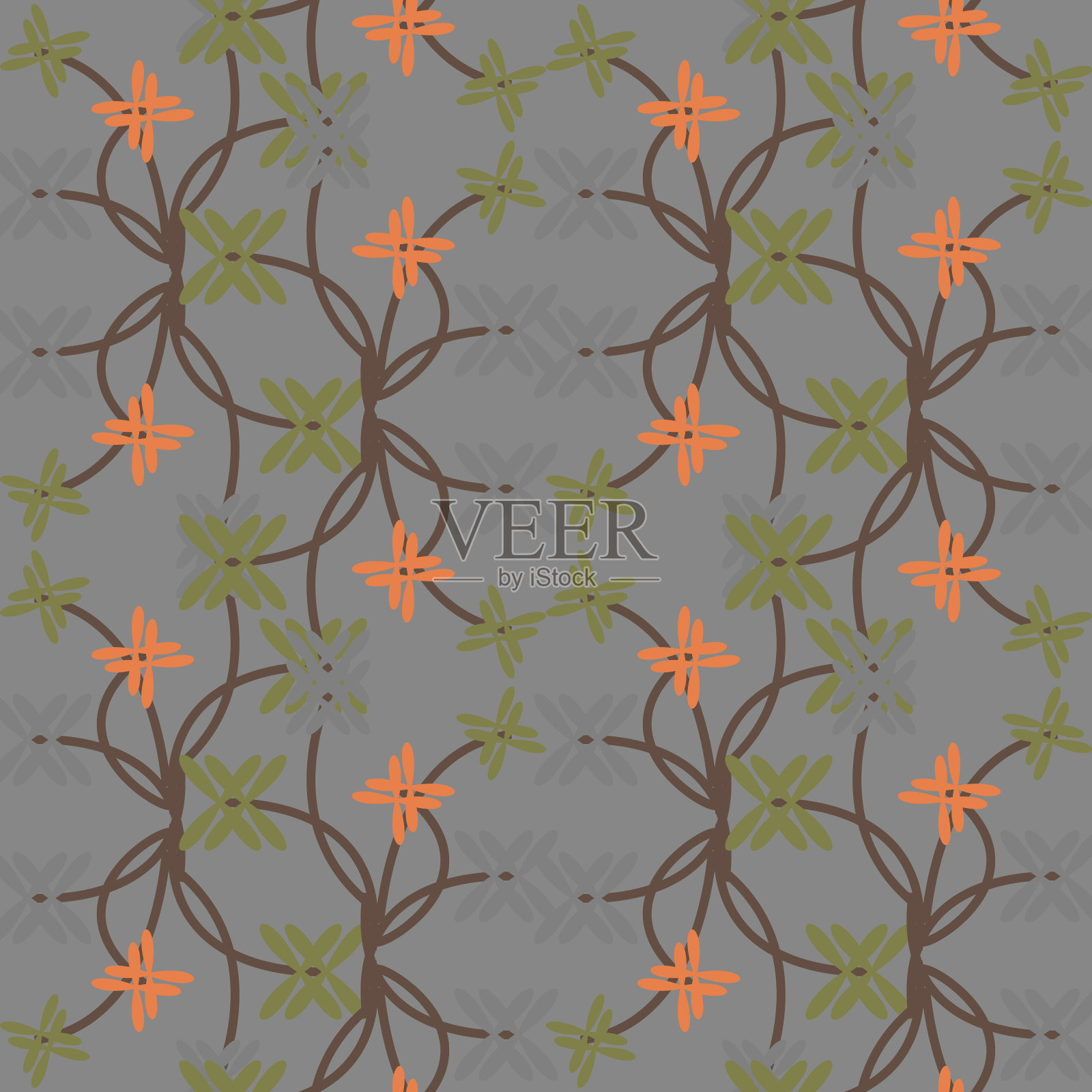 无缝矢量图案与单色花在装饰艺术风格的茎插画图片素材